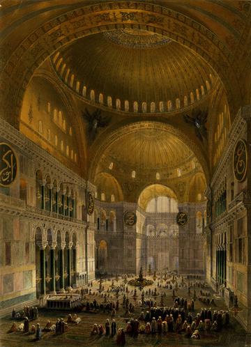 Interior of Hagia Sofia, Constantinople, 1852 Interior view of the Hagia Sophia mosque in Istanbul from the balcony, with two domes above, crowd of worshippers on the carpet below, and entrance in background; after Fossati. Tinted lithograph with hand-colouring. 1852