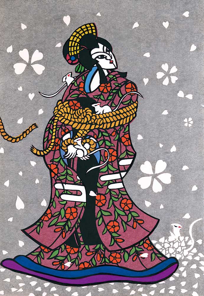 Woodblock print of a cherry blossom blizzard by Hiromitsu Colourful Japanese woodblock print of a woman in a Cherry Blossom Blizzard, by Hiromitsu